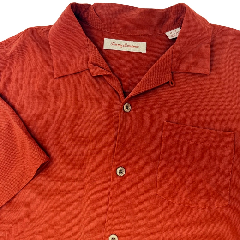Tommy Bahama Mens XL Silk Waffle Weave Shirt Short Sleeve Rust Orange Camp Top